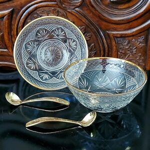 4pc "Antique Clear Gold Trim" 2-Bowls & 2-Gold Spoons by Cristal D’Arques-Durand